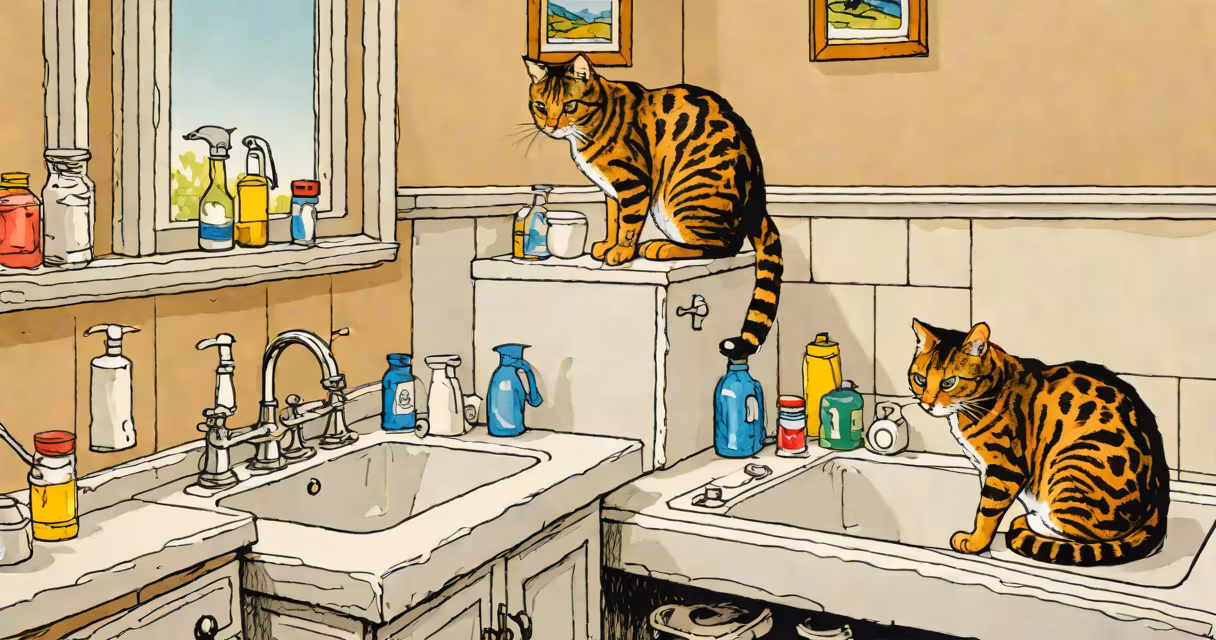 A cat standing on a bathroom counter near a sink