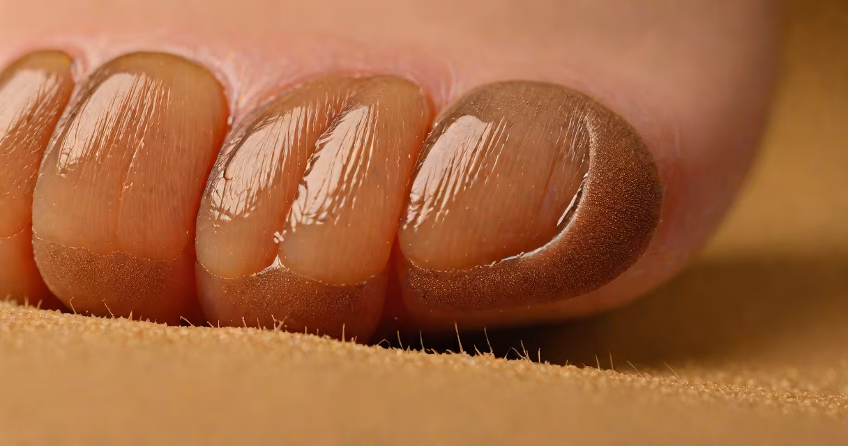 Close-up of a foot showing a toenail with partial brown discoloration