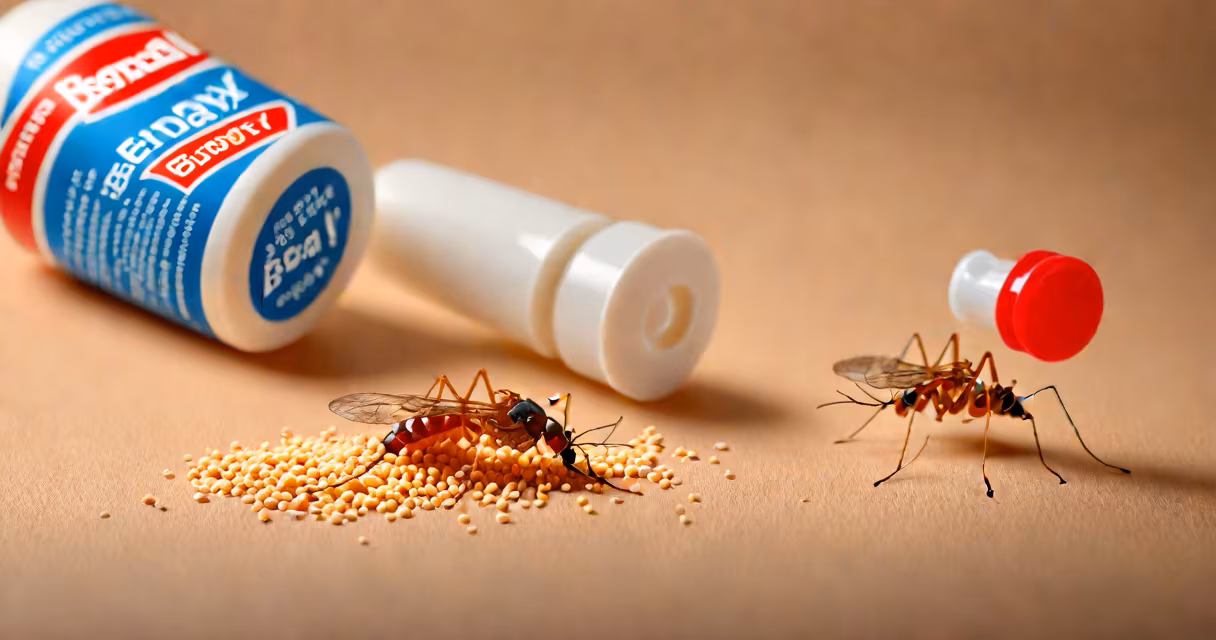 A tube of Benadryl cream next to a mosquito bite on skin
