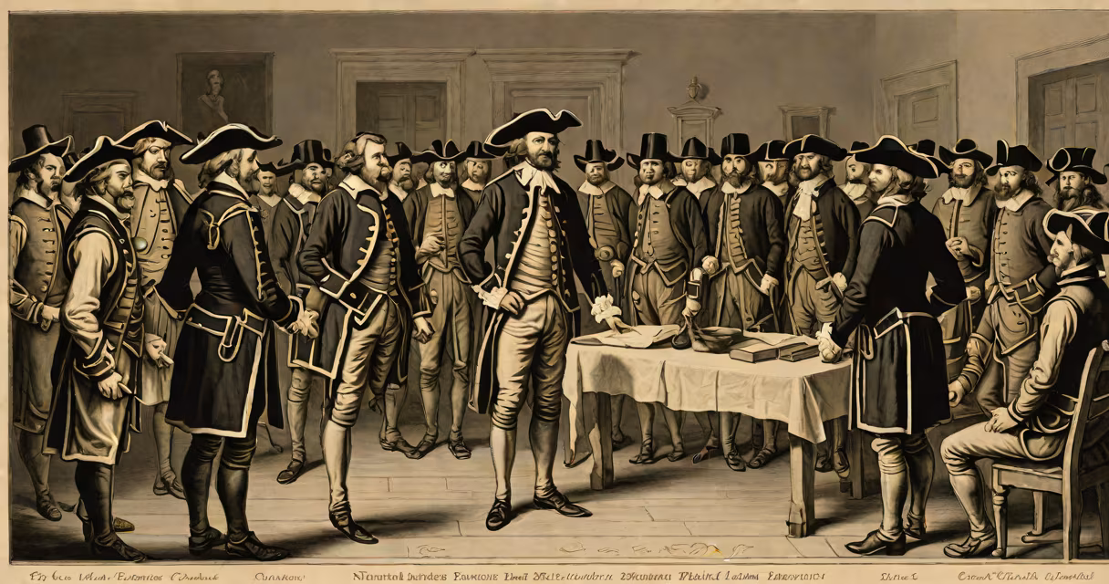 Engraving depicting Nathaniel Bacon addressing a group of colonists during the rebellion