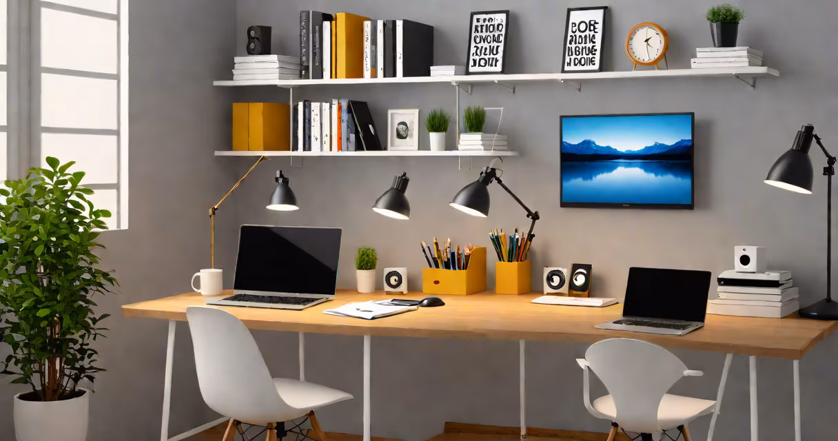 Home office setup with laptop, desk, and office supplies