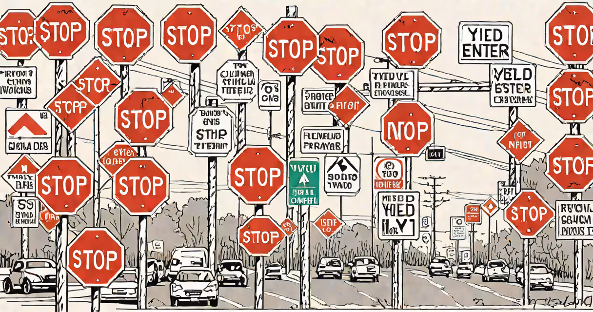 A cluster of red traffic signs including stop, yield, and do not enter signs