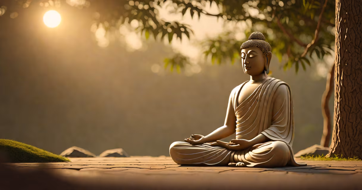 A person sitting cross-legged in a serene outdoor setting, eyes closed in meditation