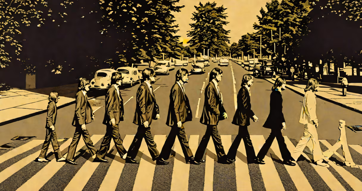 Vintage poster-style Beatles wallpaper featuring the bands iconic Abbey Road cover art