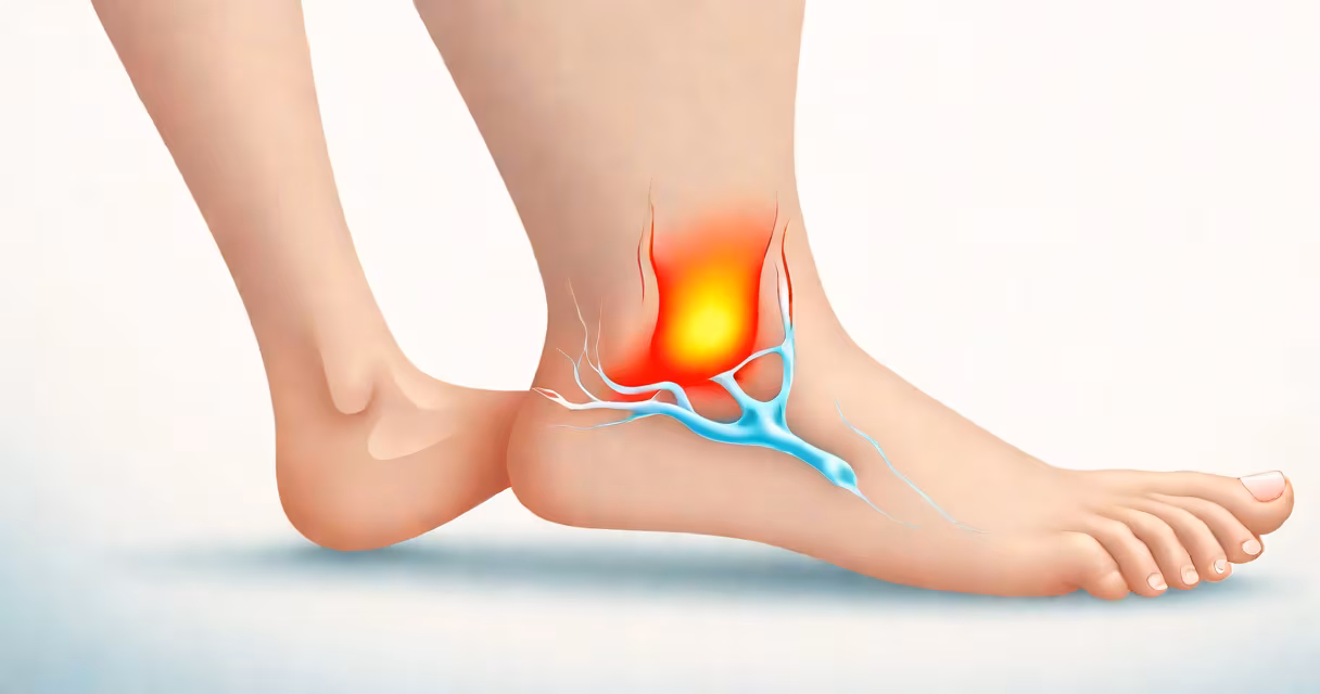 Side view of a human foot highlighting the heel area