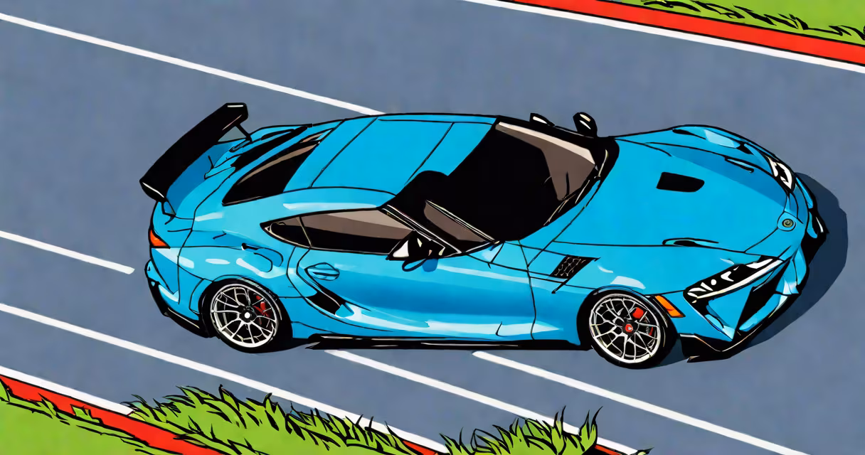 Aerial view of a blue Toyota Supra MK4 on a racetrack