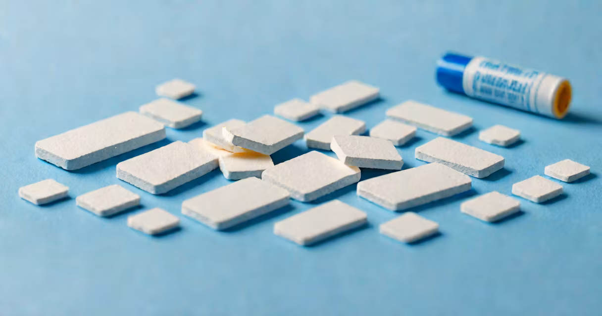 White tadalafil tablets in blister pack against blue background