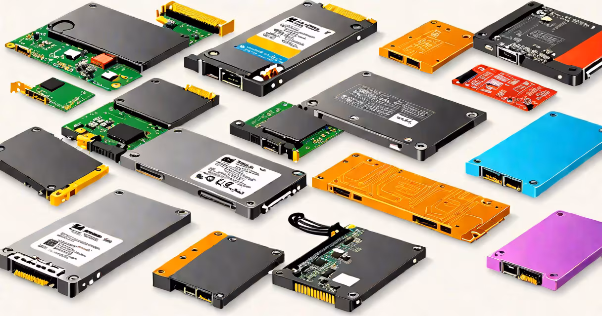 Side-by-side comparison of three SSD form factors: M.2, 2.5-inch, and add-in card
