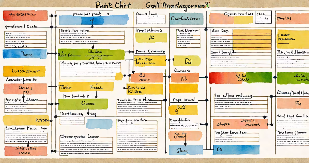 Color-coded Gantt chart showing project phases, milestones, and task dependencies