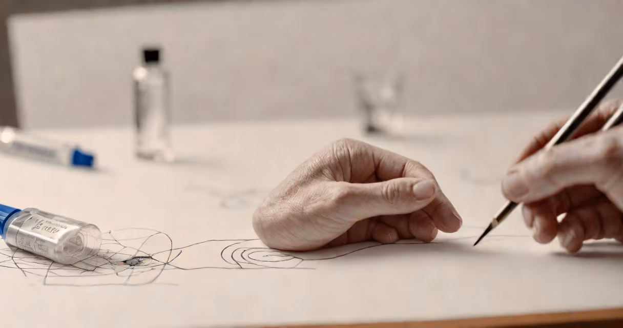 Person with thermometer, tissue, and hand sanitizer on a table
