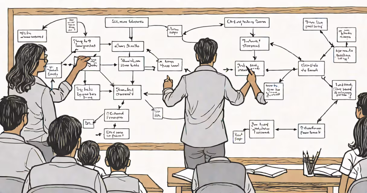 Teacher guiding students through a flowchart-based critical thinking exercise