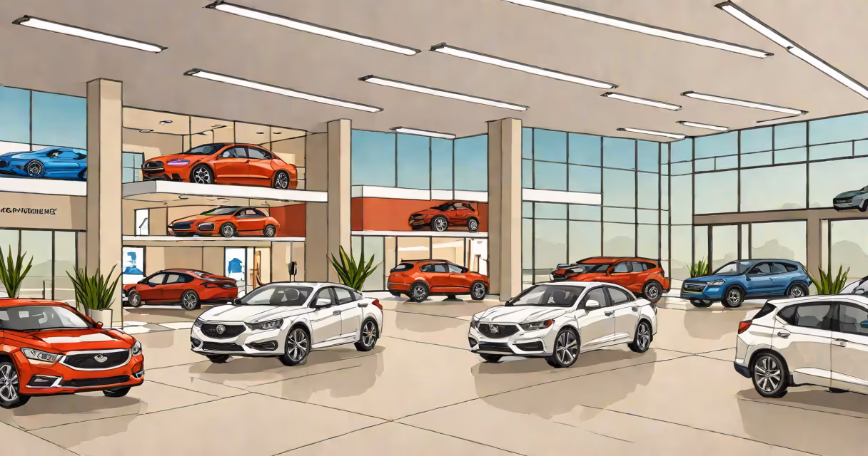 A modern car dealership showroom with digital displays and sales staff assisting customers