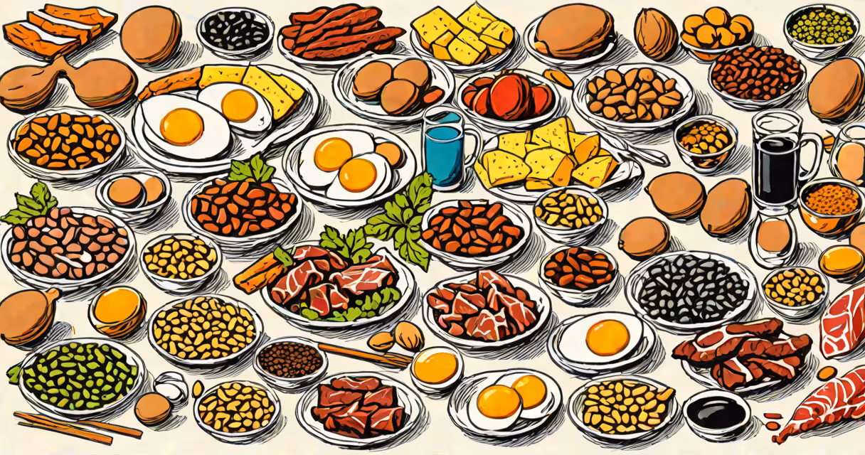 Colorful array of amino acid-rich foods including eggs, meat, fish, beans, and nuts
