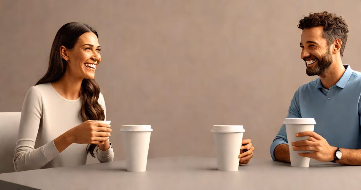 Two people smiling while chatting over coffee