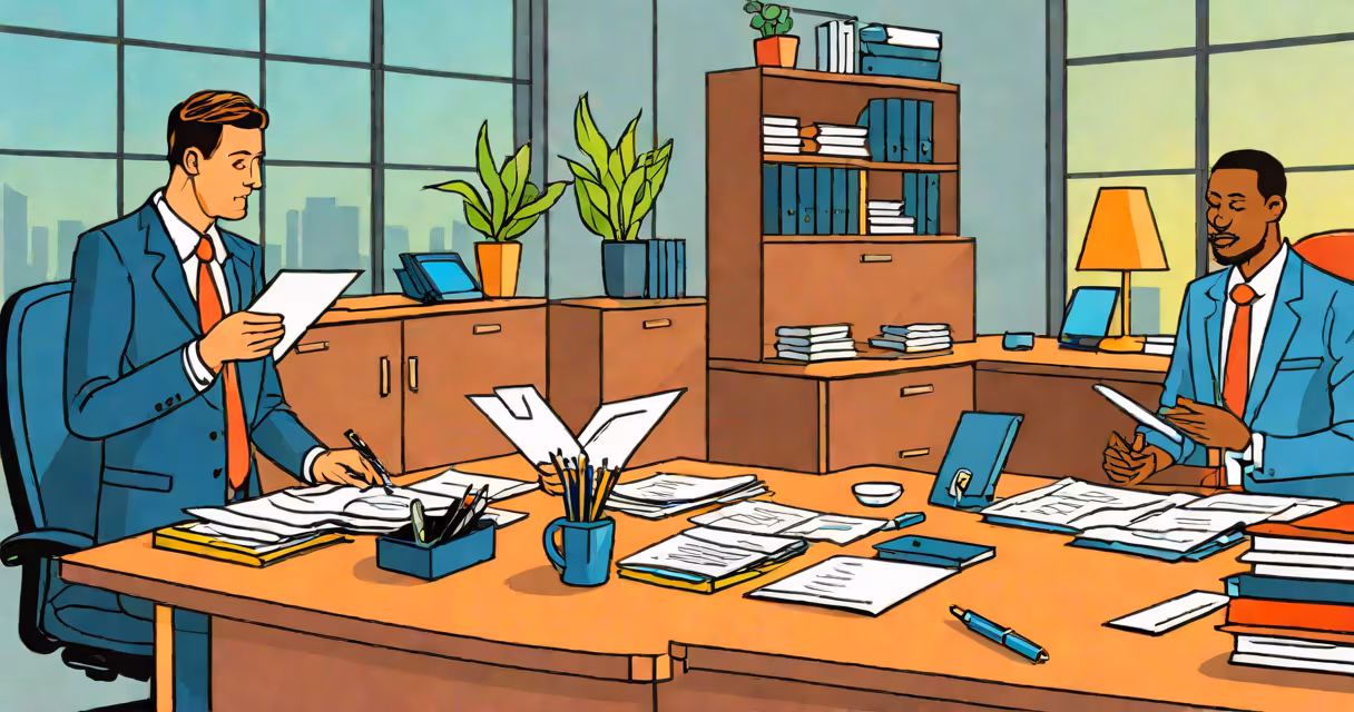 Lawyer and client discussing documents in an office setting