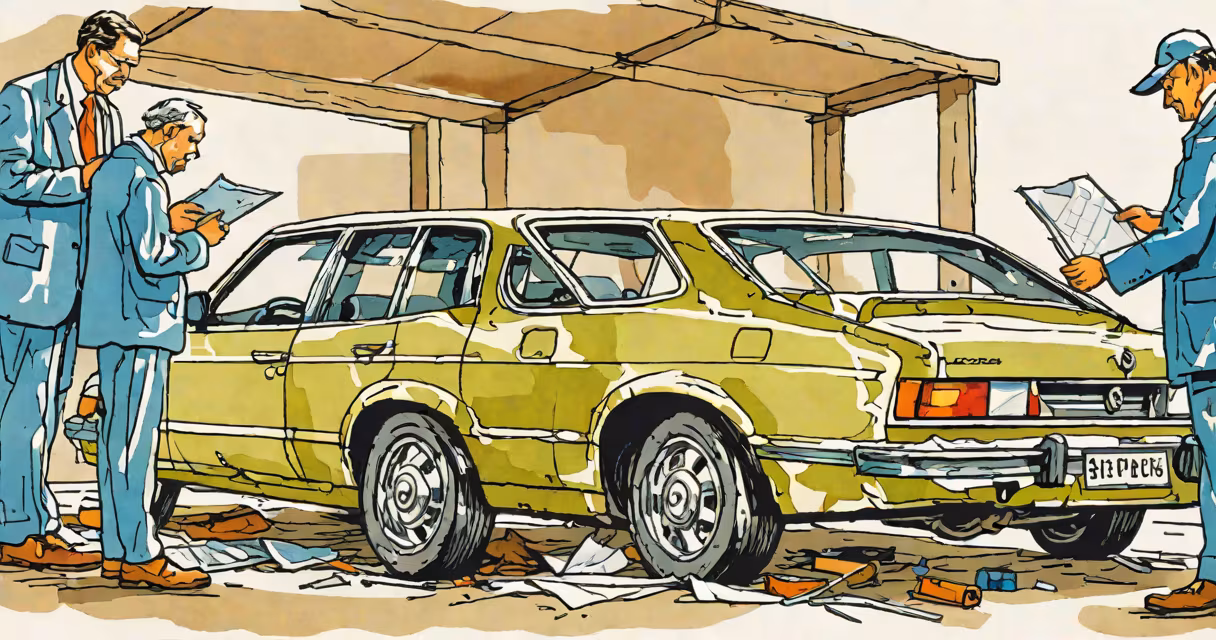 A damaged car being inspected by an insurance adjuster
