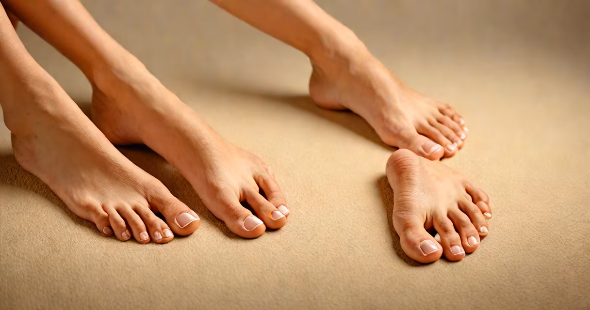 A well-lit photo of feet on a neutral background