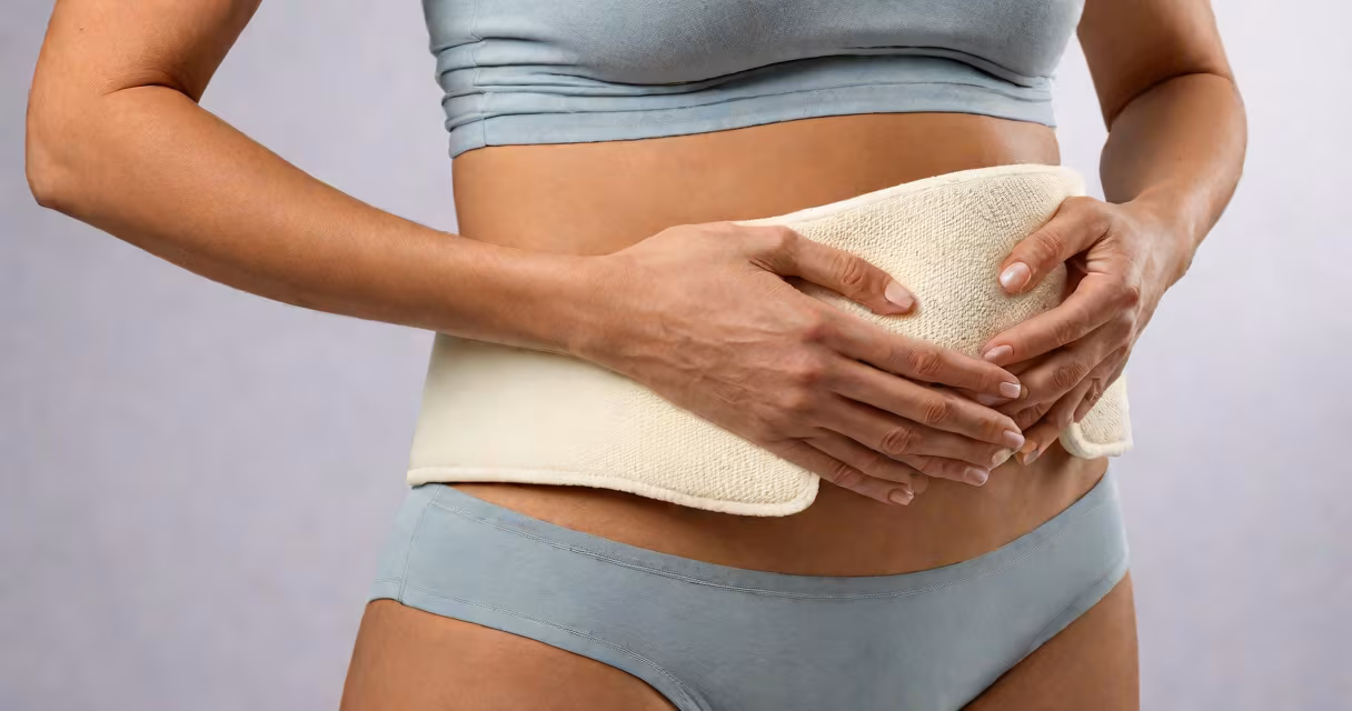 A woman holding a heating pad against her abdomen