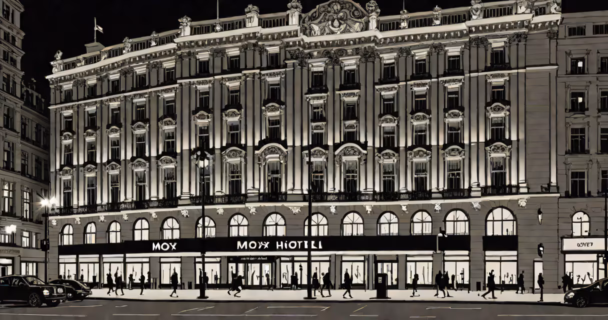 Modern exterior of Moxy Hotel Piccadilly Circus at night