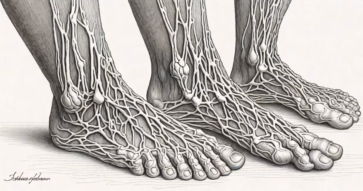Medical illustration showing inflamed nerves in the feet
