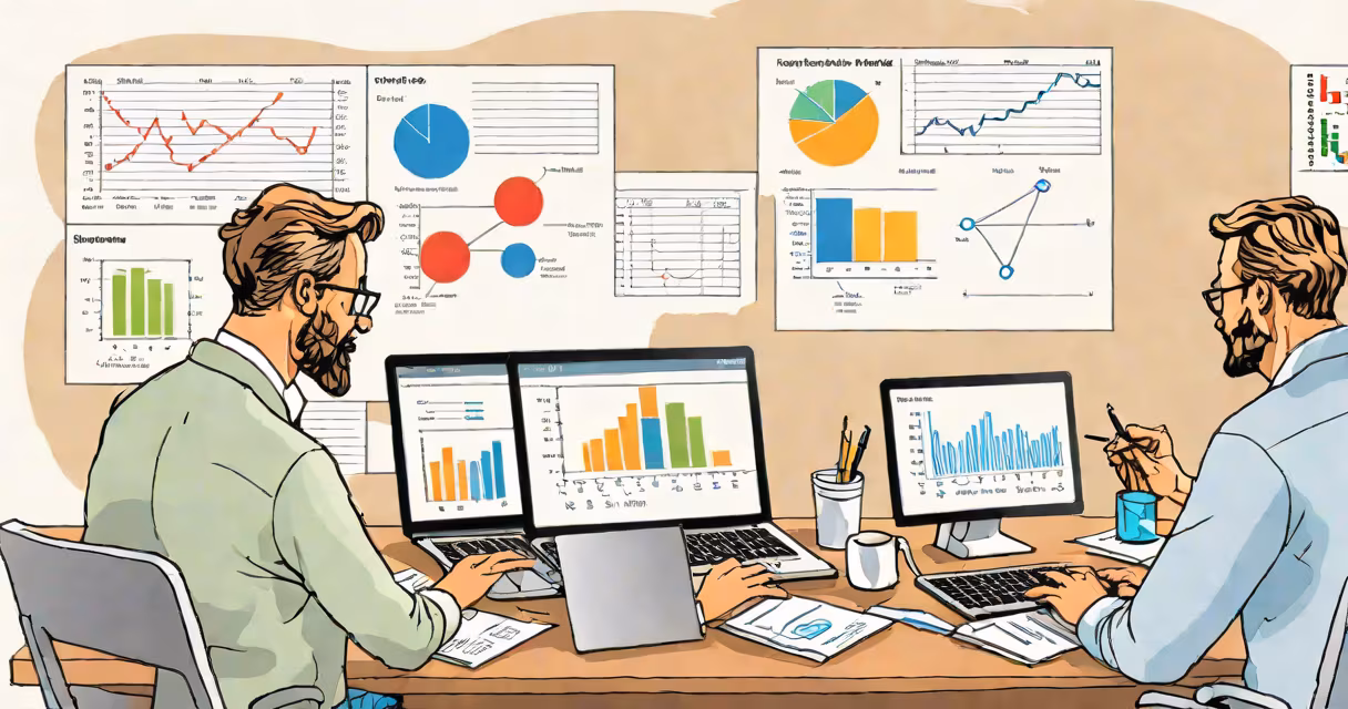 Decision scientist analyzing data on laptop with charts