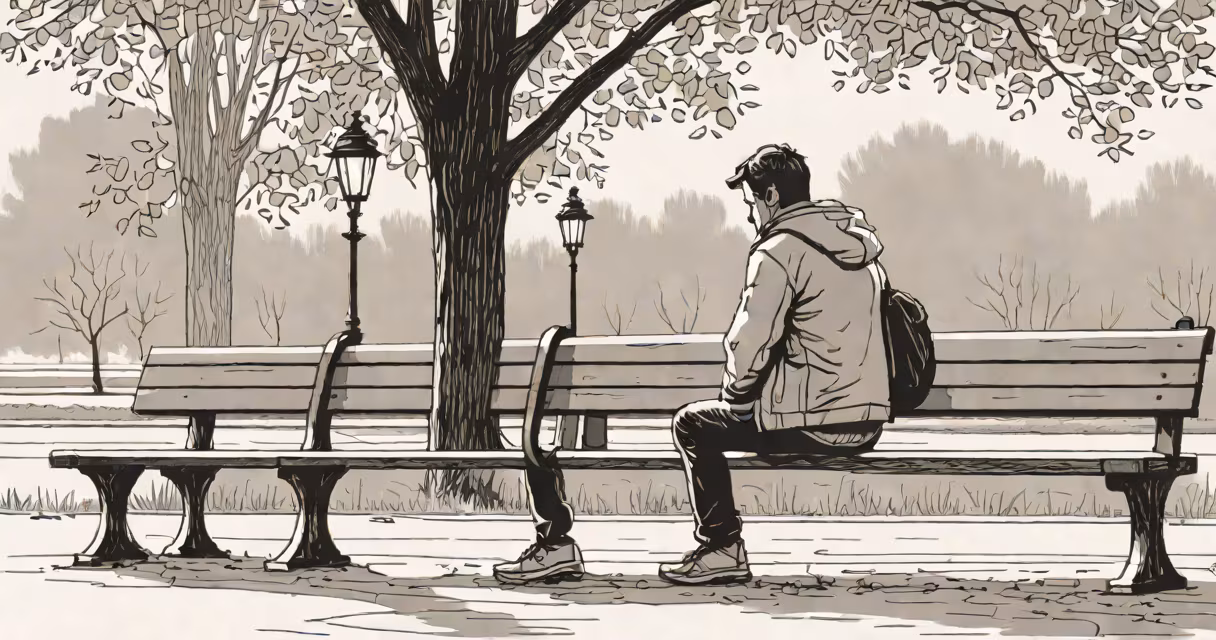A person sitting alone on a bench in a park, looking reflective