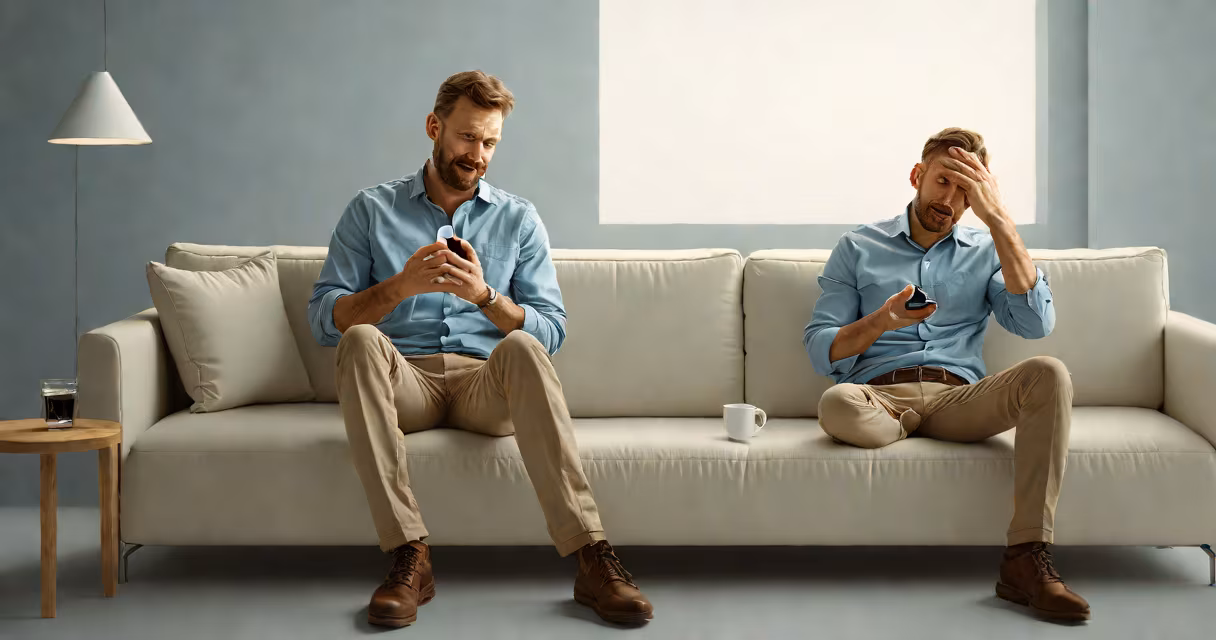 Person holding their stomach while sitting on a couch