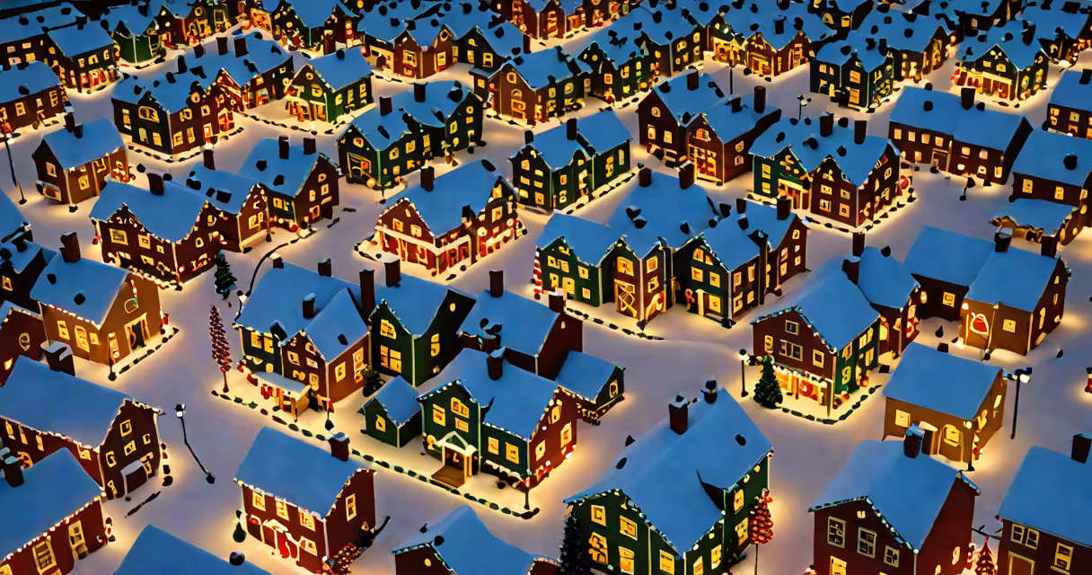 Aerial view of a snowy town with Christmas lights and decorations