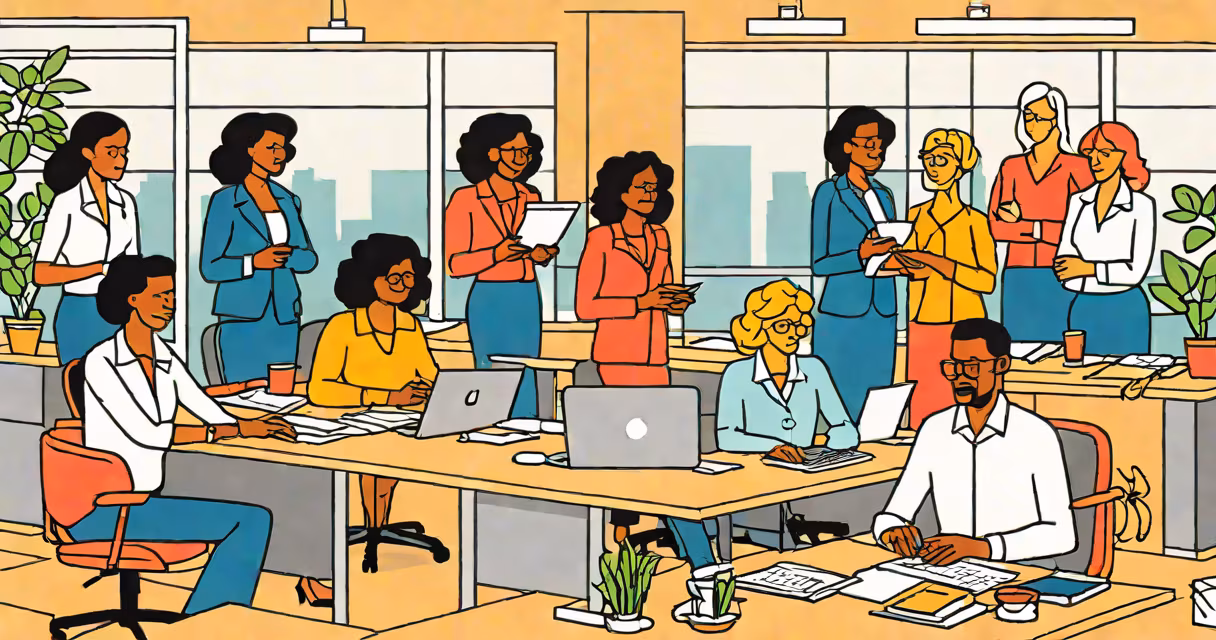 Diverse group of employees collaborating in a modern office