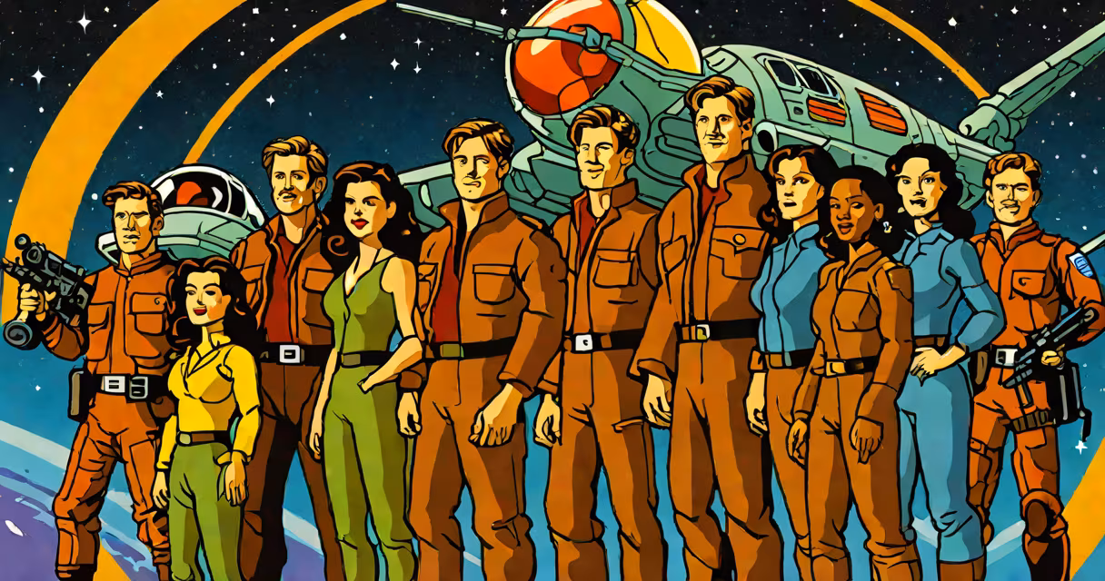 Cast photo from the Firefly TV series set in space