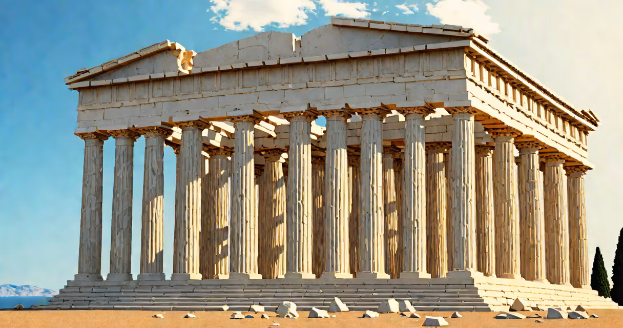 Ruins of the Temple of Athena Pronaia against a clear blue sky