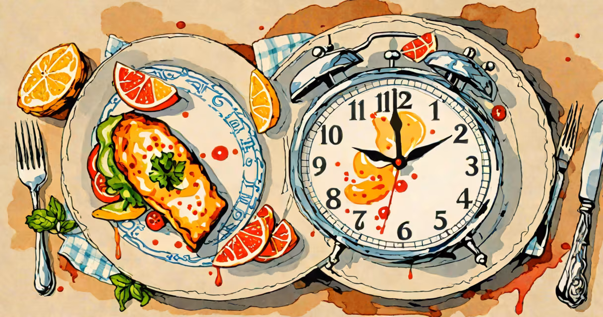 A clock showing fasting hours next to a plate of food