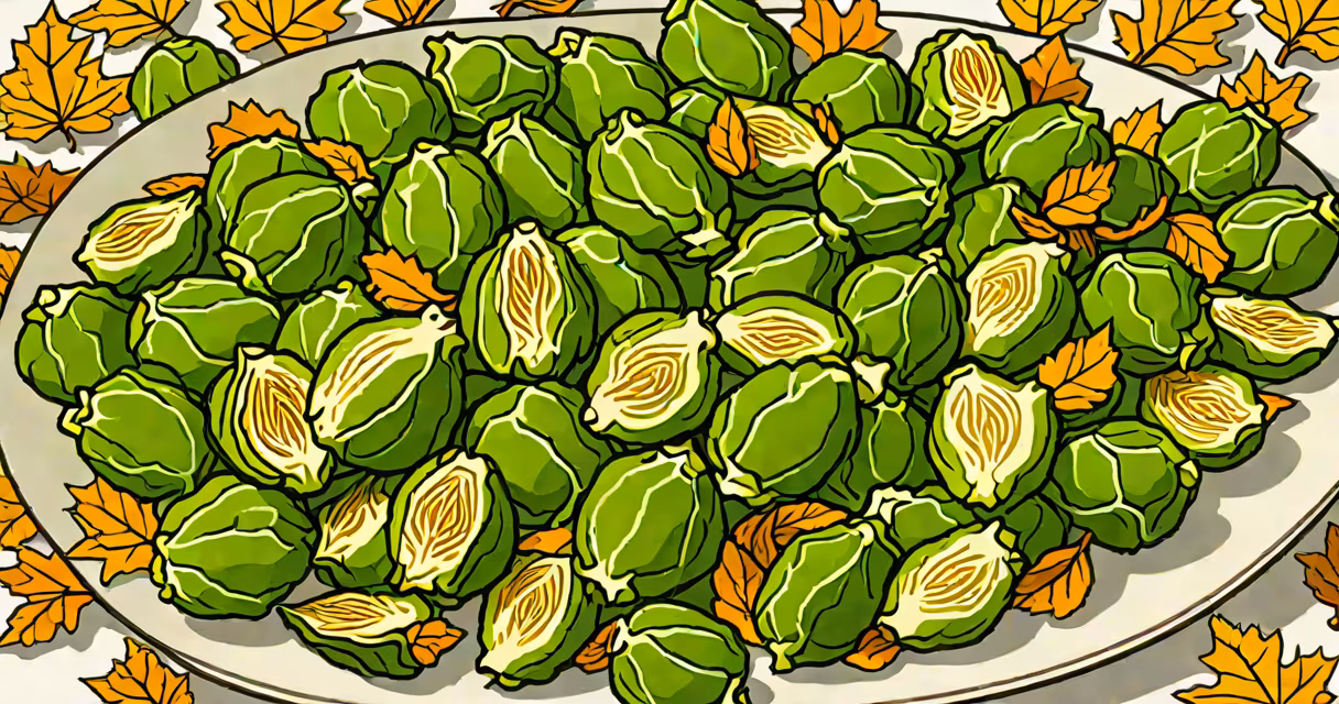 Air-fried brussel sprouts on a white plate with golden-brown leaves
