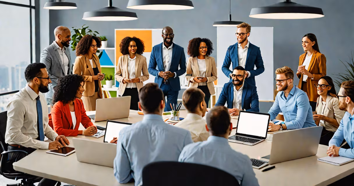 Diverse group of professionals collaborating in a modern office