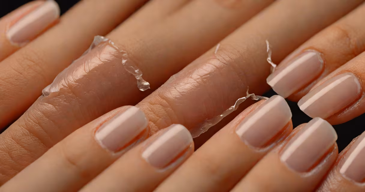 Close-up of peeling fingernails showing layered separation