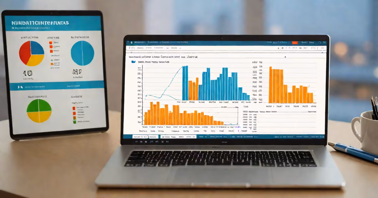 A laptop displaying an investment dashboard with graphs and charts.