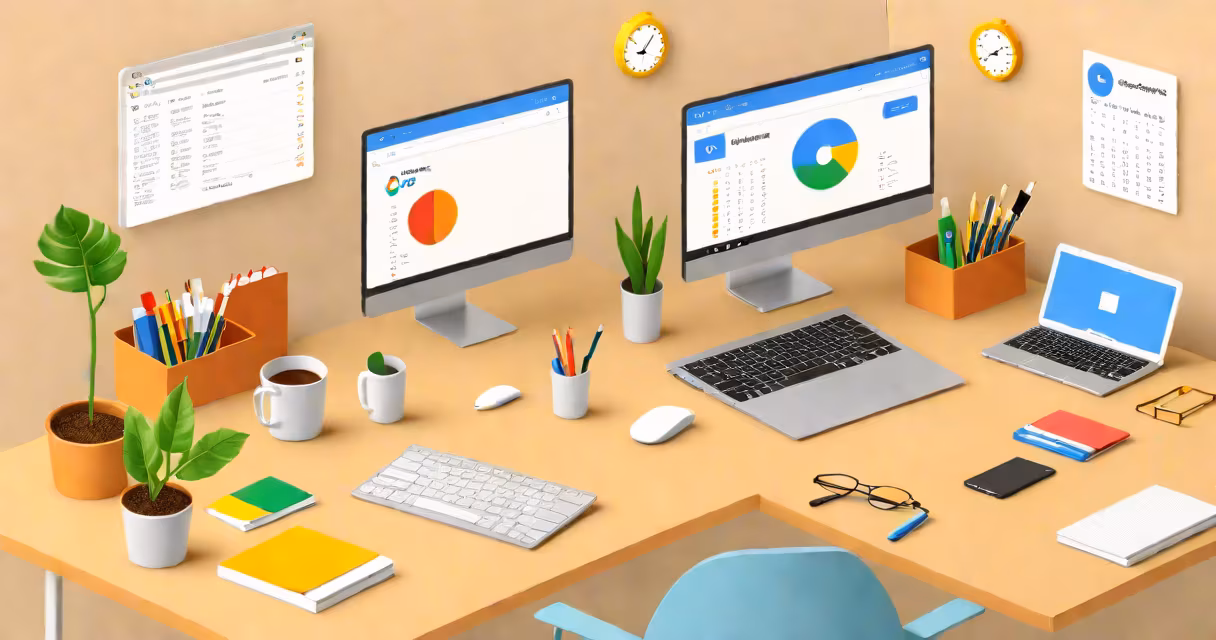 Laptop displaying Google Workspace dashboard with email, calendar, and drive apps open