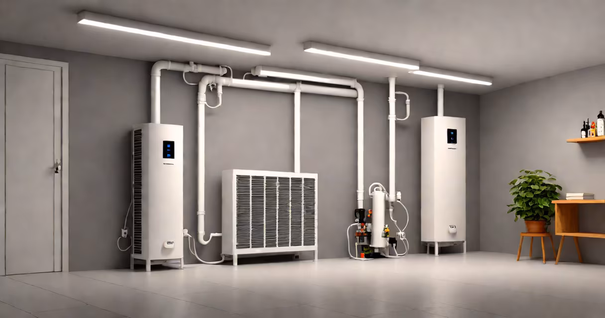 A hybrid heating system installed in a residential basement