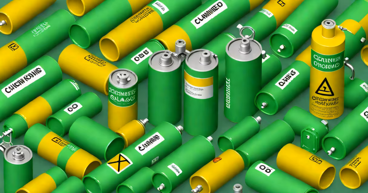 Cylinder of compressed chlorine gas with warning labels