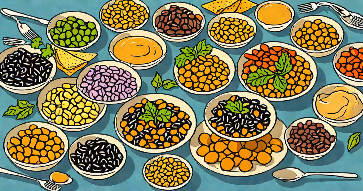 A plate of various bean dishes including hummus, black beans, and chickpeas