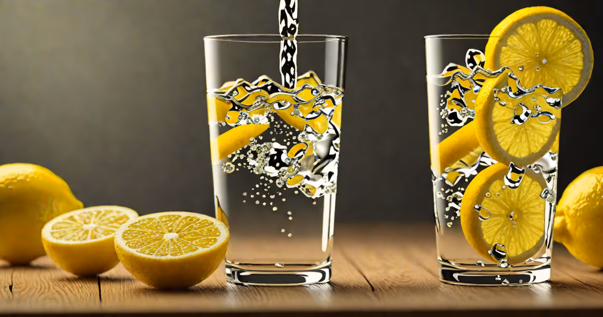 Glass of water with lemon slices on a wooden table