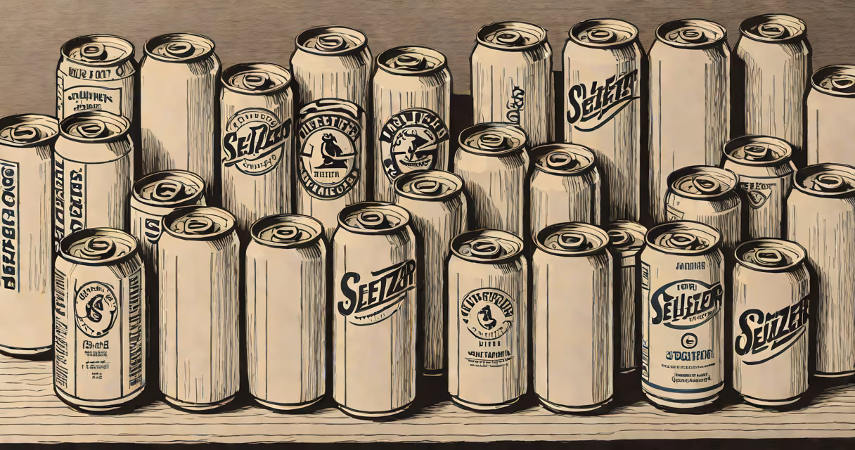 Assorted seltzer cans on a wooden table