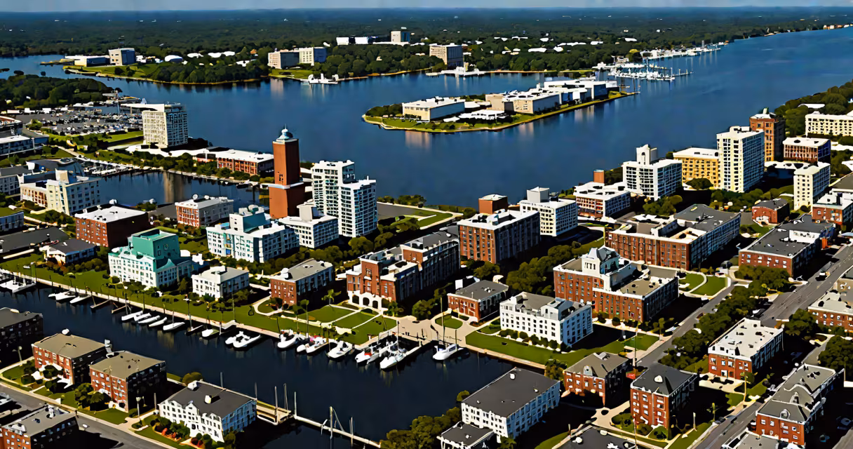 Aerial view of Wilmington, NC waterfront with downtown buildings