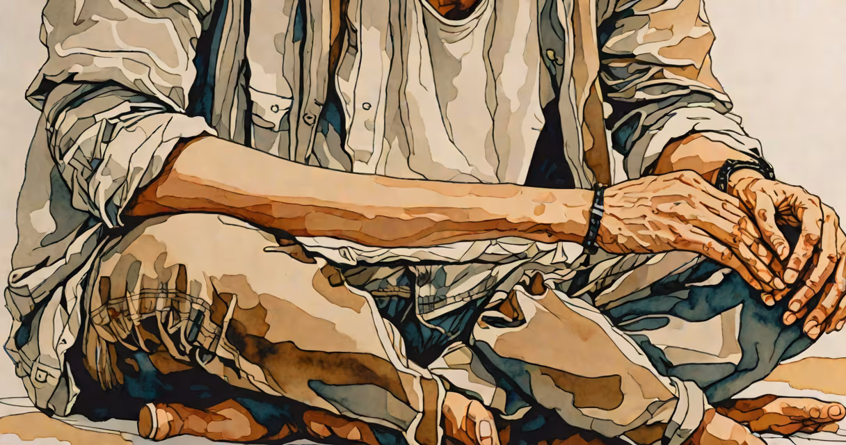 A person sitting thoughtfully with hands clasped together
