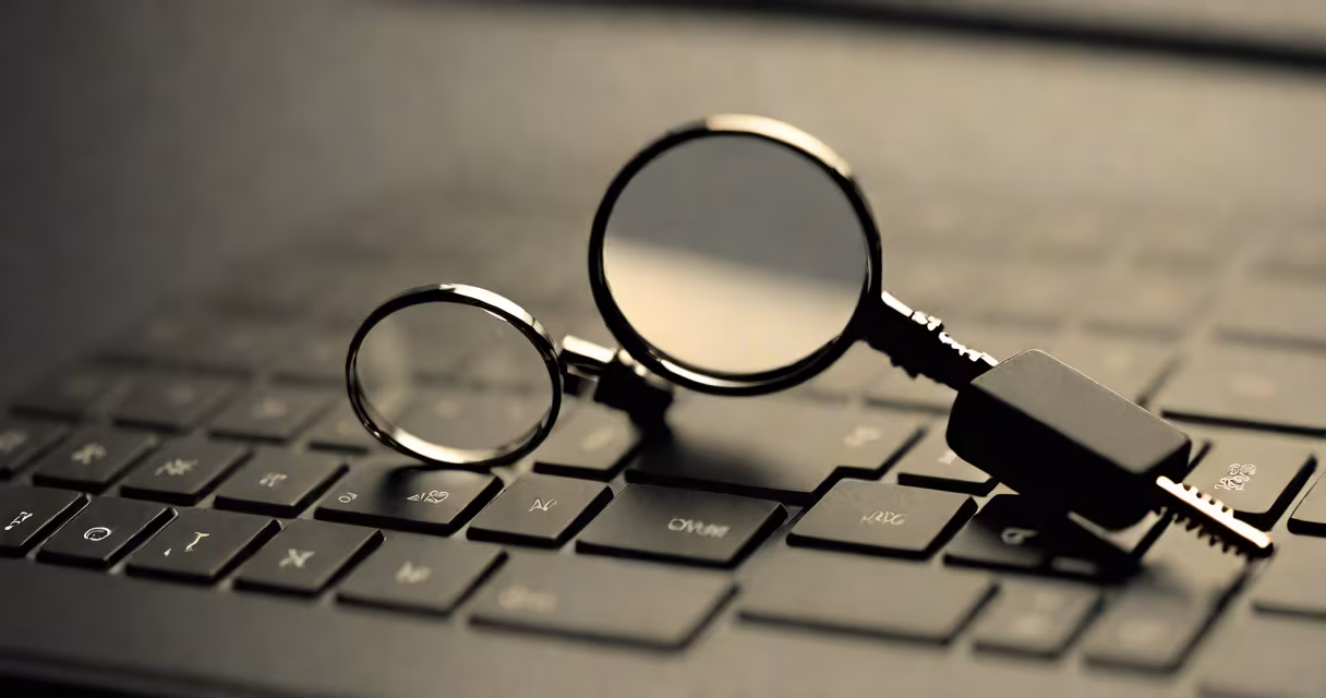 Laptop keyboard with a magnifying glass hovering over keys