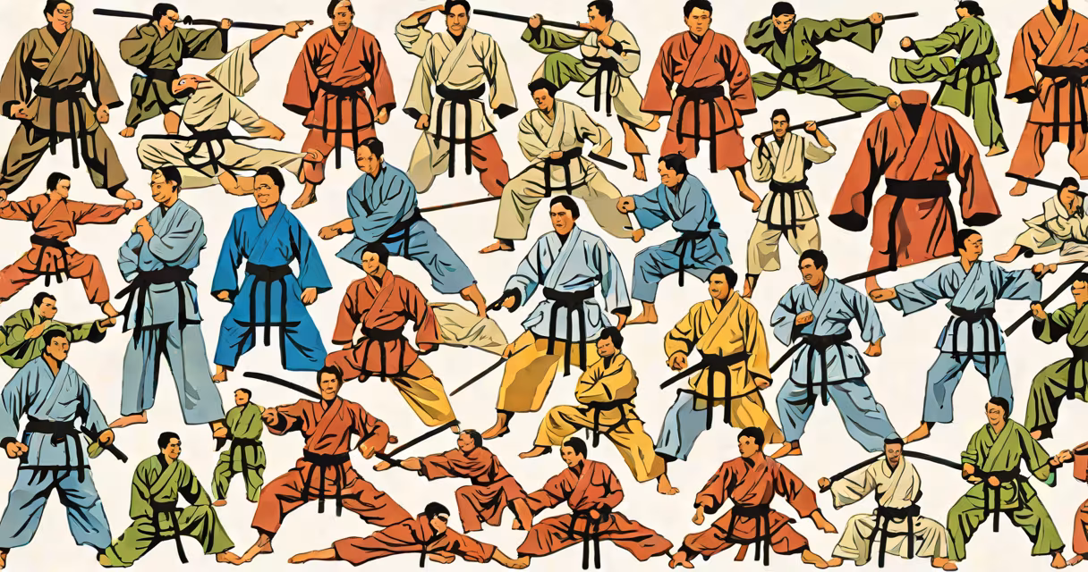 A collage of different martial arts uniforms and weapons