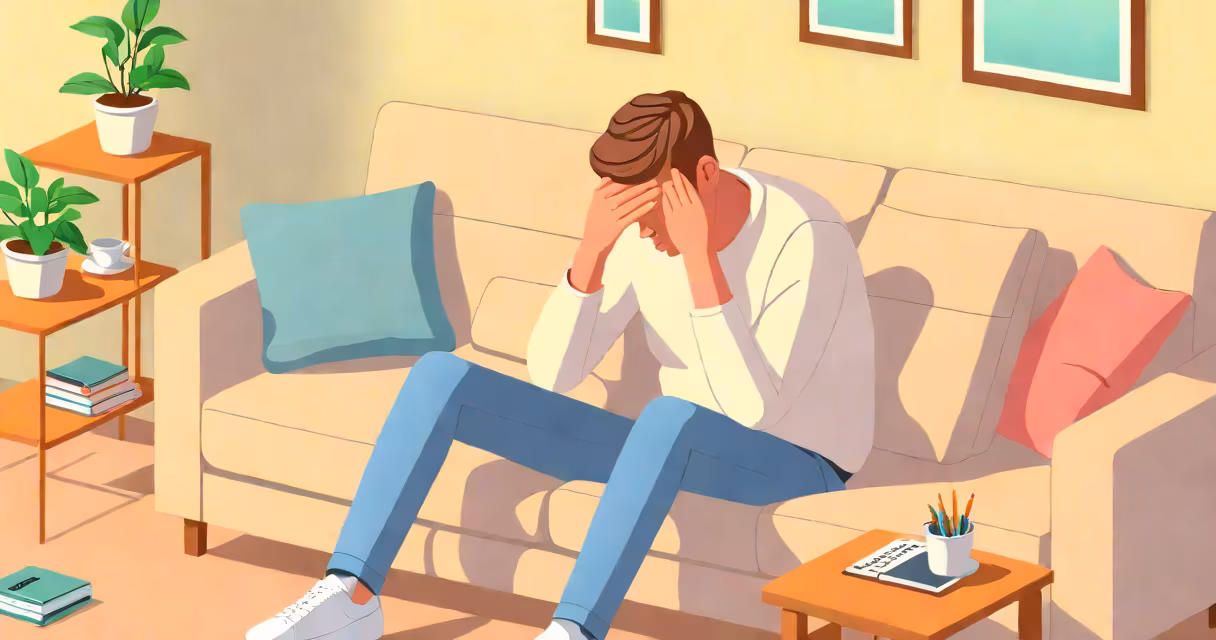 Person sitting on couch holding head, looking pale and unwell