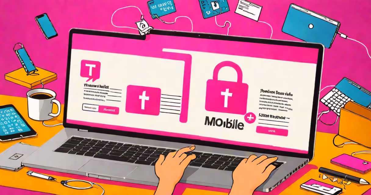 A laptop displaying a T-Mobile login page with a hacking tool open in the background