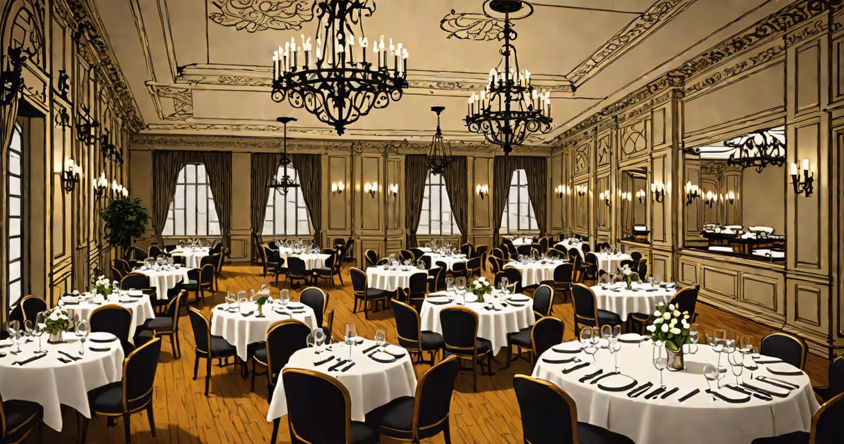 Elegant interior of St James Restaurant with chandeliers and white tablecloths