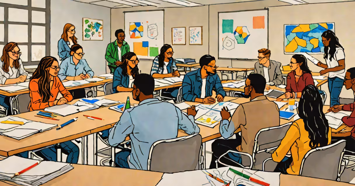 A group of students collaborating on a project in a modern classroom setting